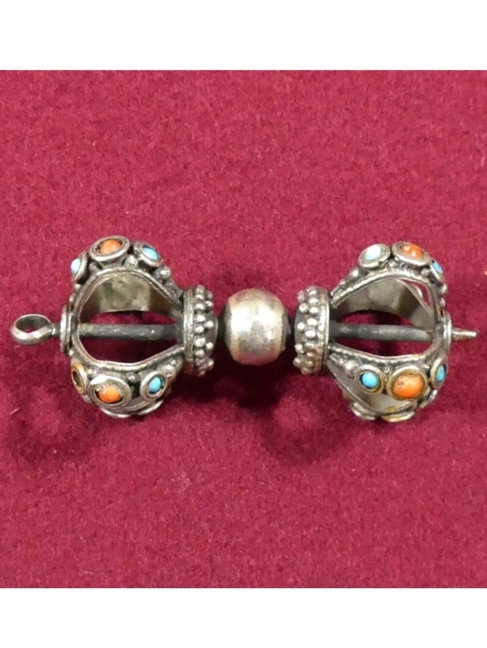 Silver Turquoise Coral Tibetan Dorje Vajra Pendant Sterling